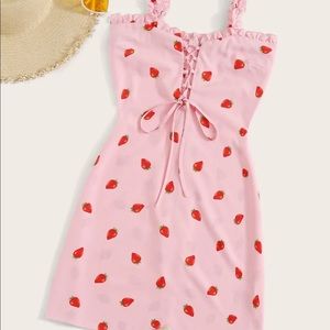 Strawberry Print Lace Up Front Frill Trim Dress